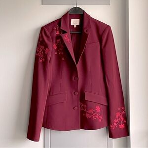 Anthropologie Cinq a Sept Elegant Burgundy Blazer with Embroidery Details